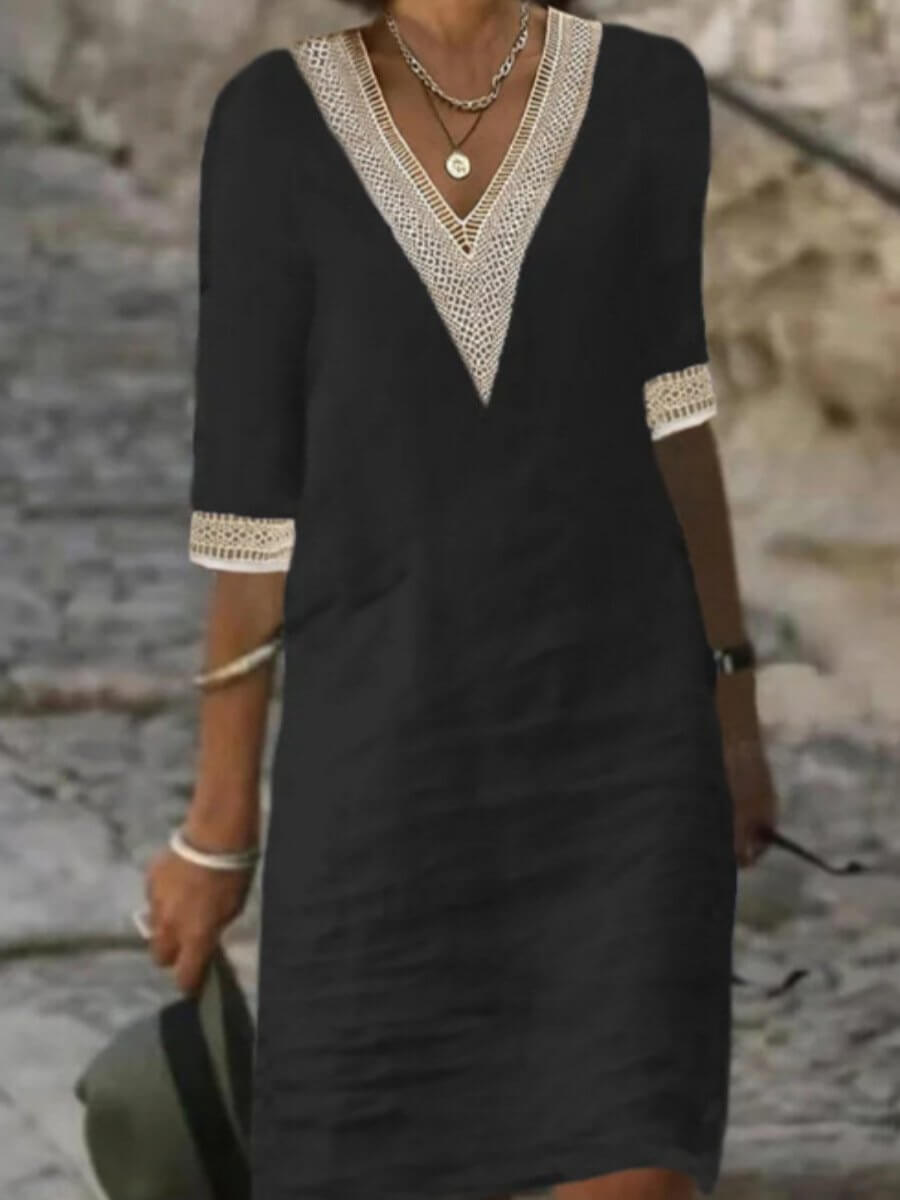 Vestido de mujer con escote en V y detalles de encaje – ARVANÉ