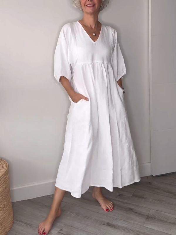 Vestido midi con escote en V, bolsillos y corte fluido – LUCIE