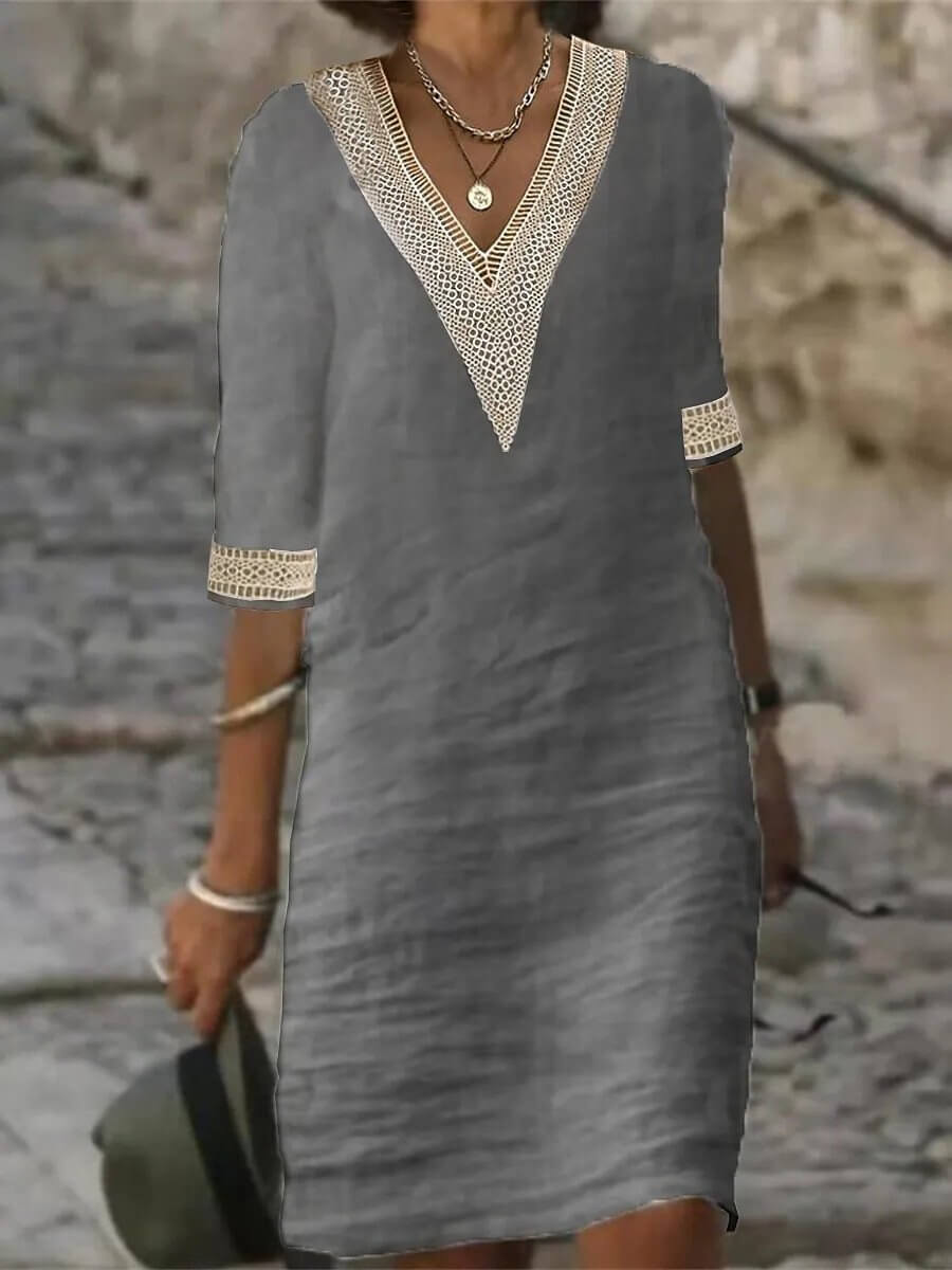 Vestido de mujer con escote en V y detalles de encaje – ARVANÉ