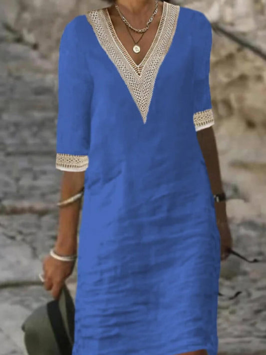Vestido de mujer con escote en V y detalles de encaje – ARVANÉ