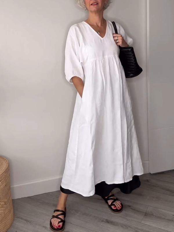 Vestido midi casual con escote en V y bolsillos para mujer – LUCIA