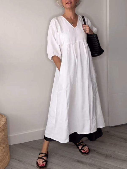 Vestido midi casual con escote en V y bolsillos para mujer – LUCIA