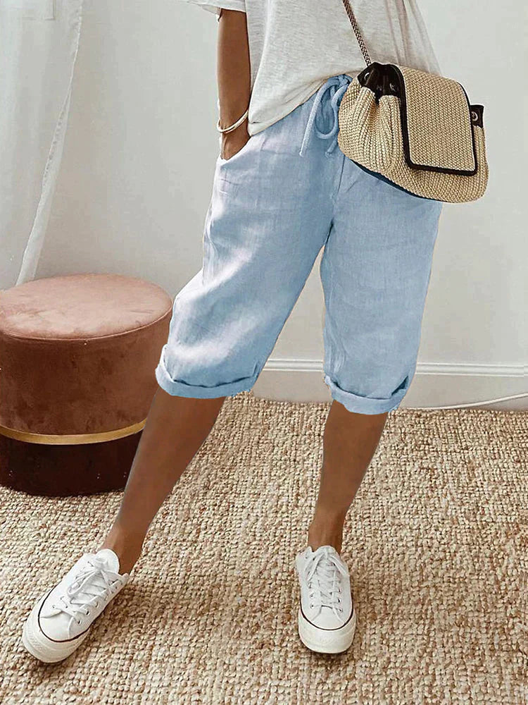 Pantalón de algodón y lino con cintura elástica y bolsillos – EMELYN