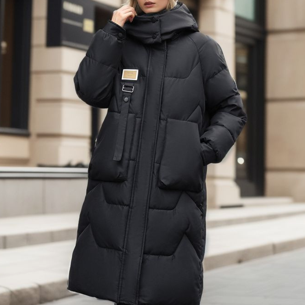 LIA - Abrigo largo acolchado con capucha para mujer