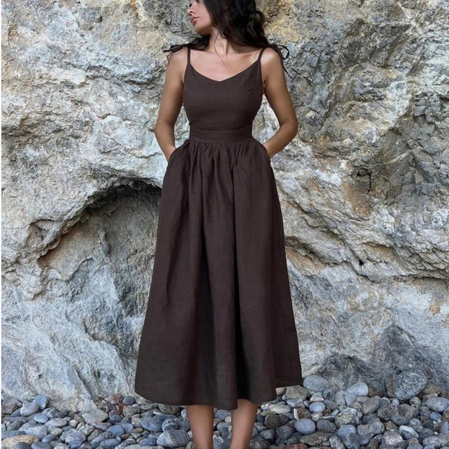 ELISA – Vestido largo de lino sin mangas con espalda abierta y lazo ajustable para mujer
