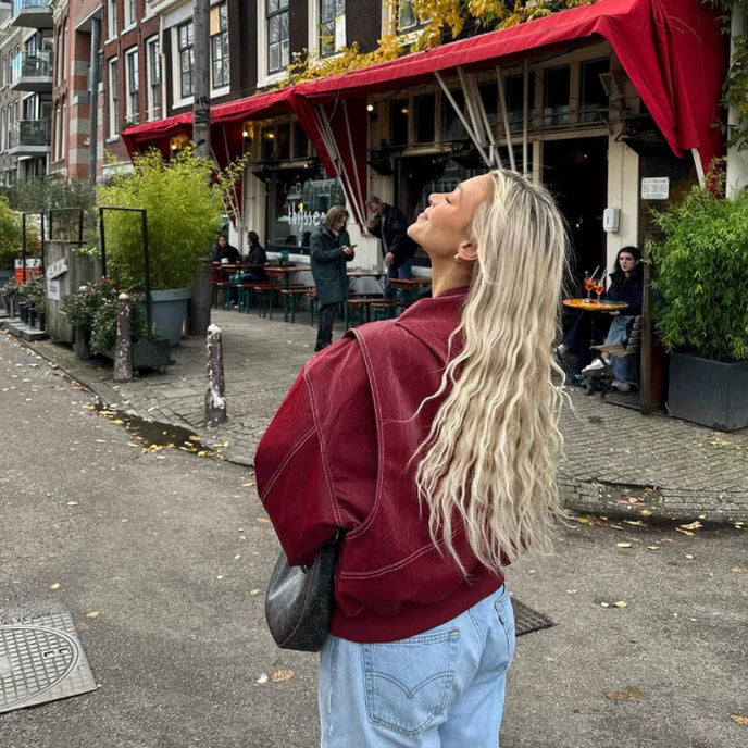 AGNERA – Chaqueta bomber oversize de efecto cuero para mujer con costuras en contraste