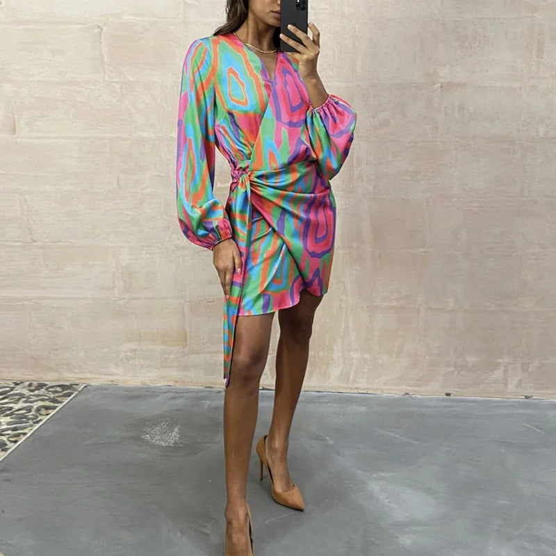 Vestido cruzado de mujer con mangas largas y cinturón – ZAYLIA