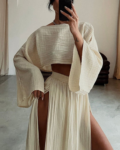 Conjunto veraniego de top corto y falda larga fluida para mujer – AURA