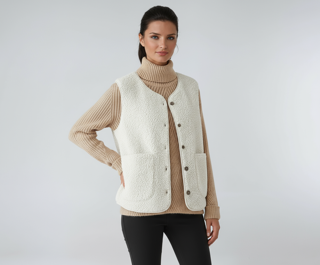 MIRELDA – Chaleco de mujer en mezcla de lana con botones y bolsillos