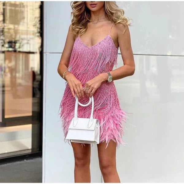 NICA – Vestido corto de fiesta para mujer con lentejuelas y plumas