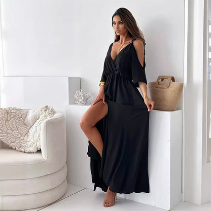 Vestido largo elegante con escote profundo en V y abertura lateral – VIRELLA