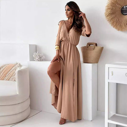 Vestido largo elegante con escote profundo en V y abertura lateral – VIRELLA