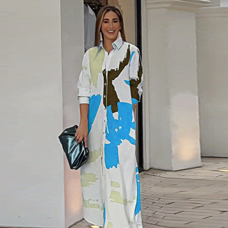 Vestido largo con estampado elegante y mangas flotantes – ISABELLE