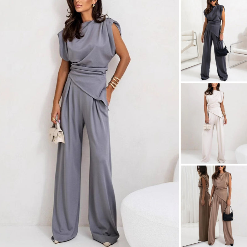 Conjunto elegante de mujer con drapeado sofisticado y pantalones fluidos – LYSANDRA
