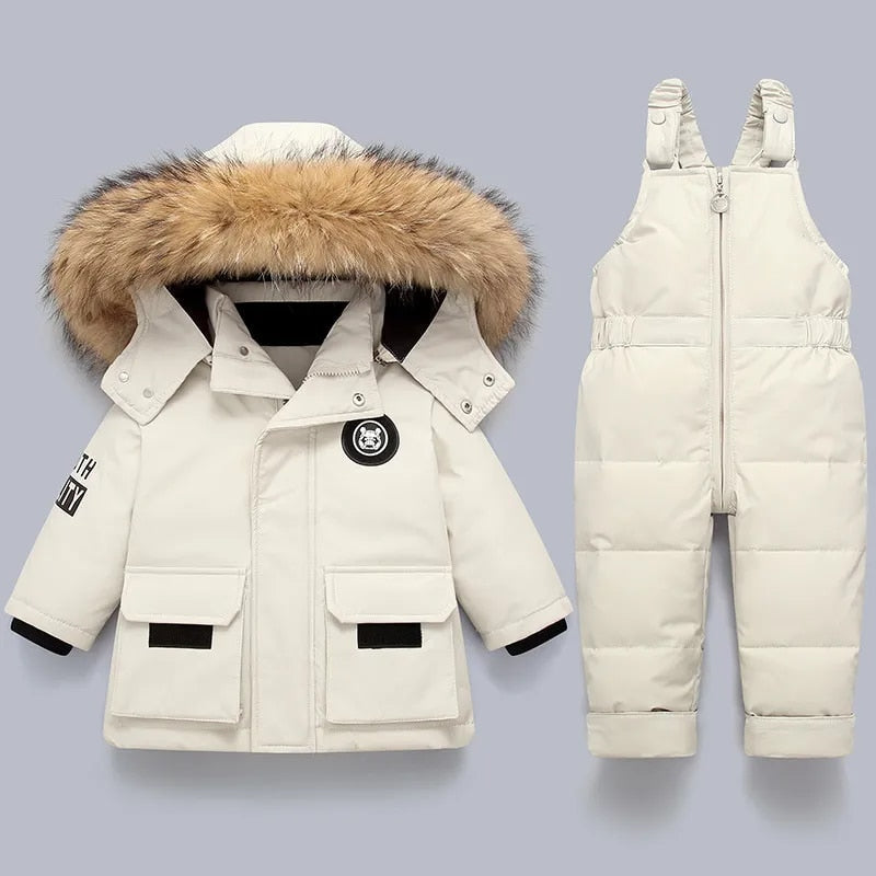 LUKA - Conjunto de invierno para niños con capucha de piel sintética y mono de esquí para niños y niñas